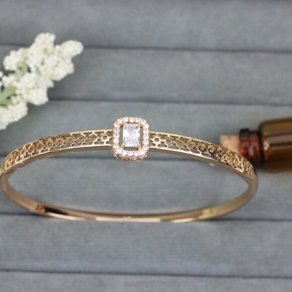 Rose Gold Plated Bangle with Cutout Design & Centerpiece Stone, XPBL0551 - Picture 1 of 12